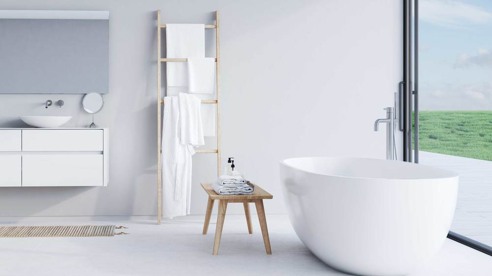 Innovatives Bad mit Aussicht Doppelwaschtisch mit freistehender Wanne